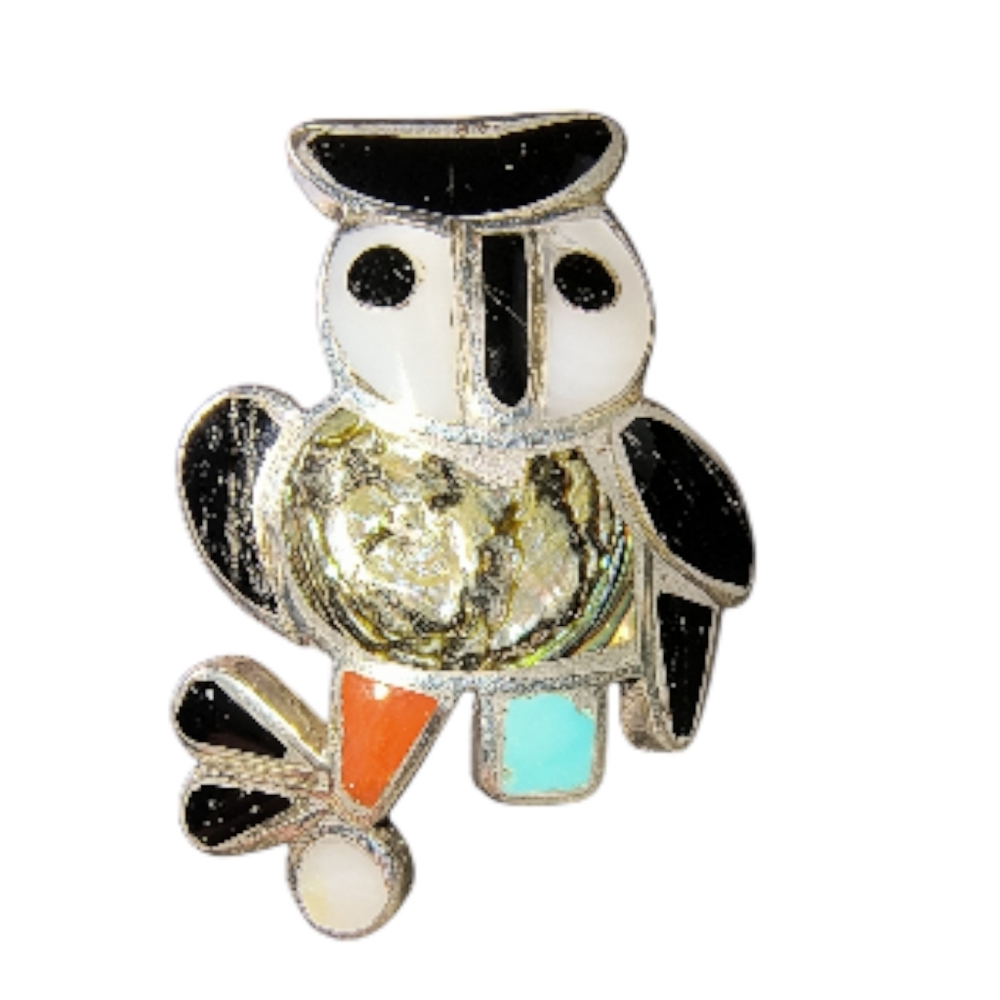 Vintage Native American Zuni Multi Stone Sterling Silver Owl Ring